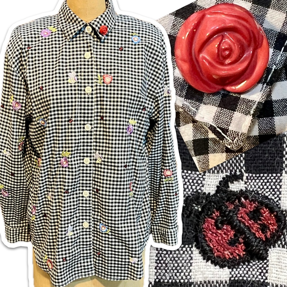 VINTAGE 90s picnic gingham button down‎ shirt ladybug bumblebee flowers plaid